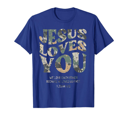 Vintage Camo Jesus Loves You Camouflage Natural T-Shirt