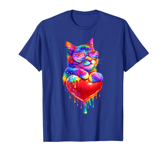 Colorful Cat Holding Heart Drip Valentines Day Kitty Meow T-Shirt
