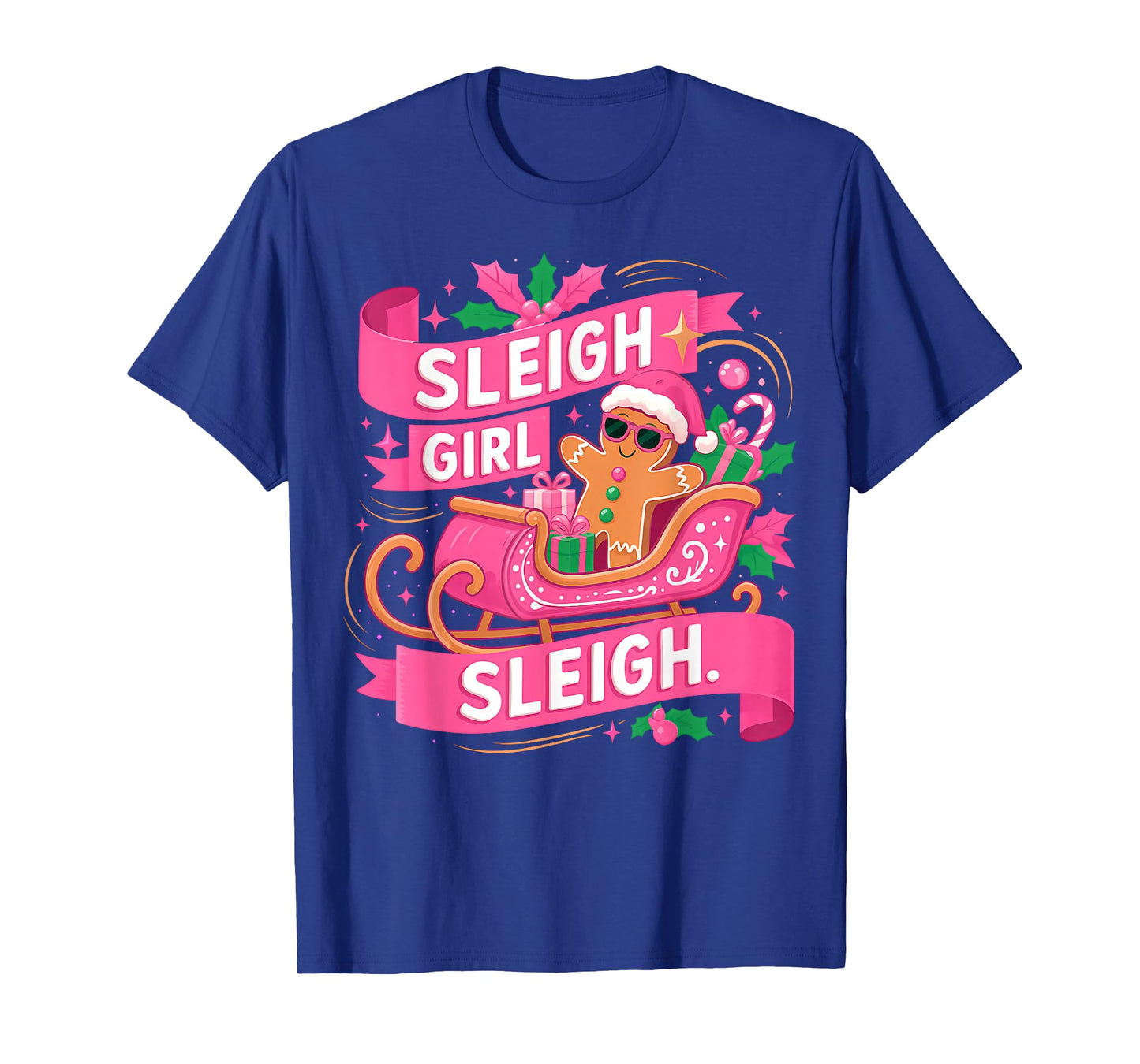 Gingerbread Sleigh Girl Pink Funny Christmas Women Girls T-Shirt