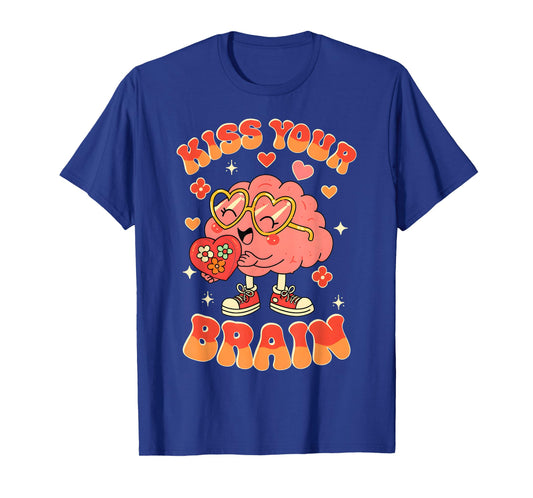 Valentine Kiss Your Brain Retro Teacher Squad Heart Kid T-Shirt