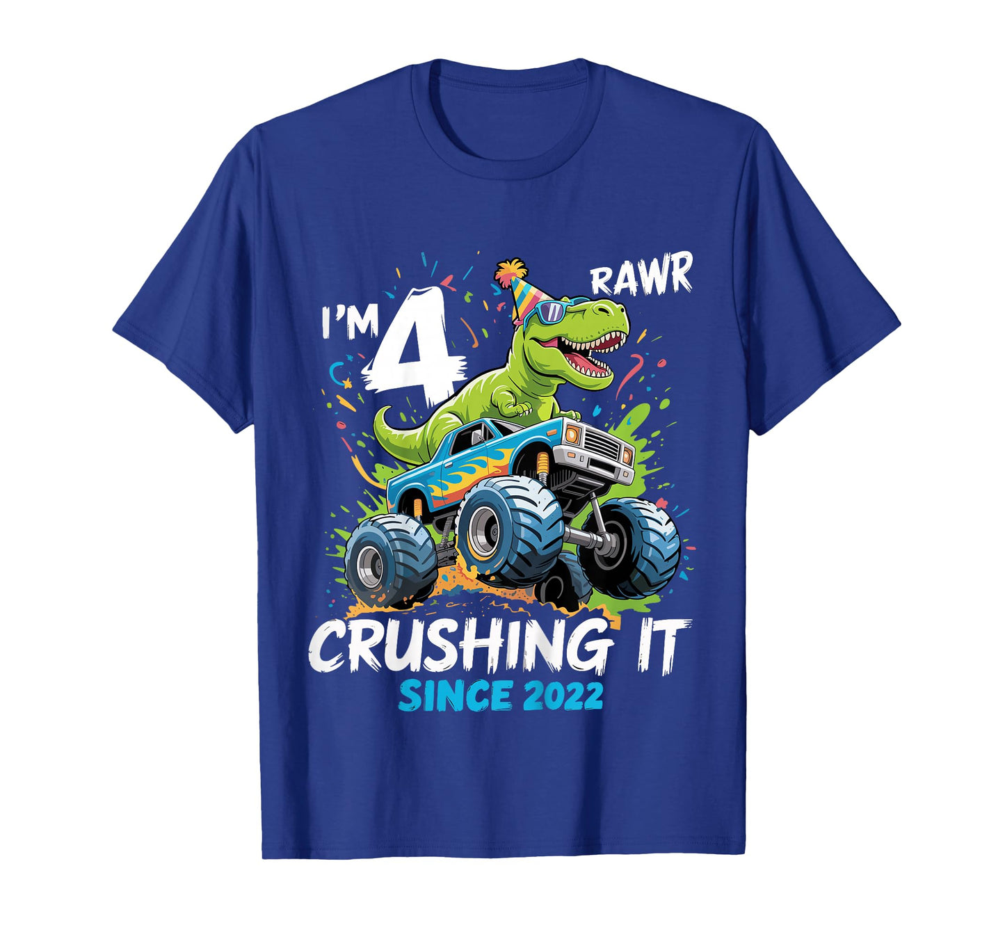 Kids 4th Birthday Monster Truck Dinosaur 4 Year Old boy Born 2022 T-Shirt