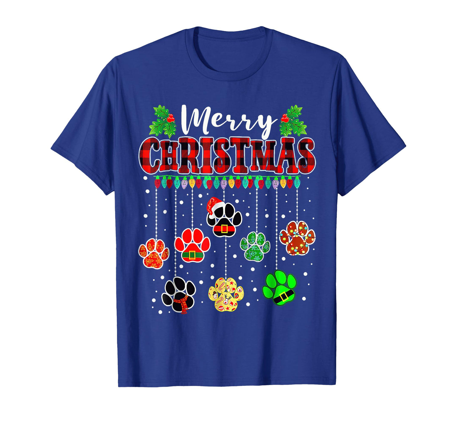 Merry Christmas Lights Dog Paw Red Plaid T-Shirt