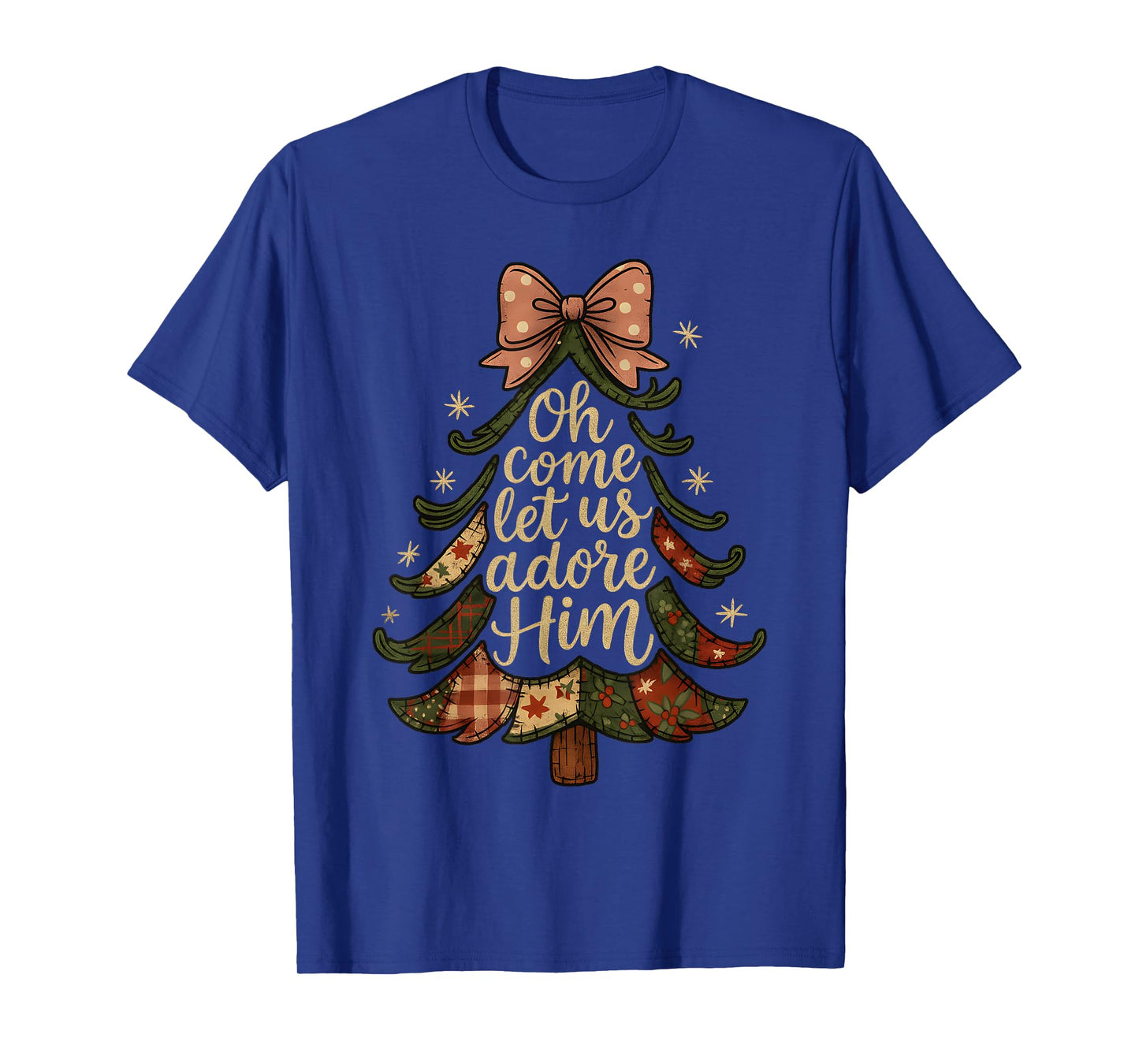 Oh Come Let Us Adore Him Patchwork Christmas Tree Art T-Shirt