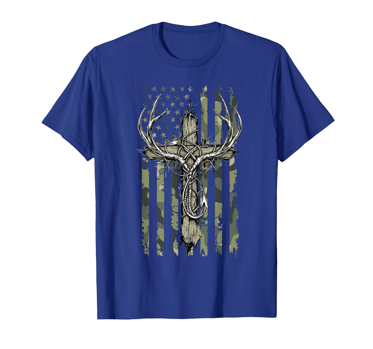 Deer Antlers Fishing Hook Christian Cross Camo Flag Men Boys T-Shirt