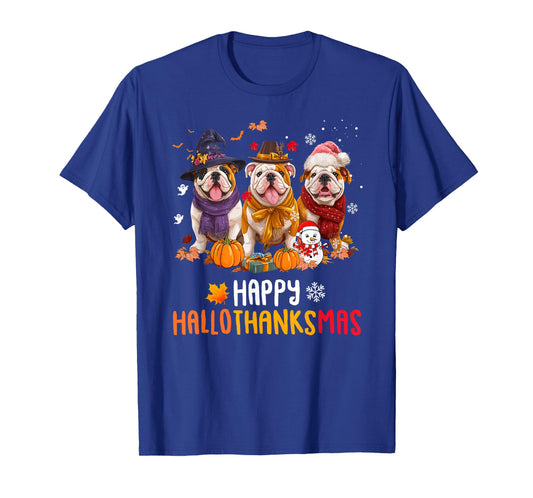 Bulldog Dog Christmas Happy Hallothankmas Thanksgiving T-Shirt