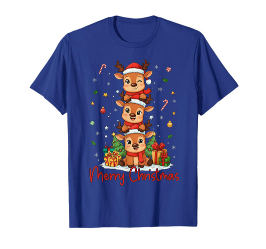 Merry Christmas Reindeer Santa Hat Xmas Family Men Women Kid T-Shirt