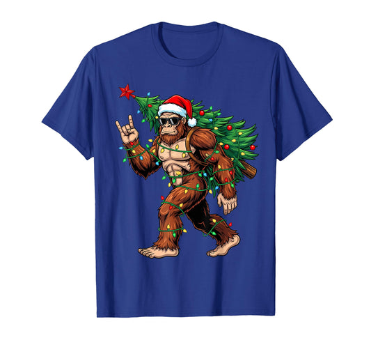 Santa Bigfoot Christmas Tree Xmas Lights Funny Sasquatch Men T-Shirt