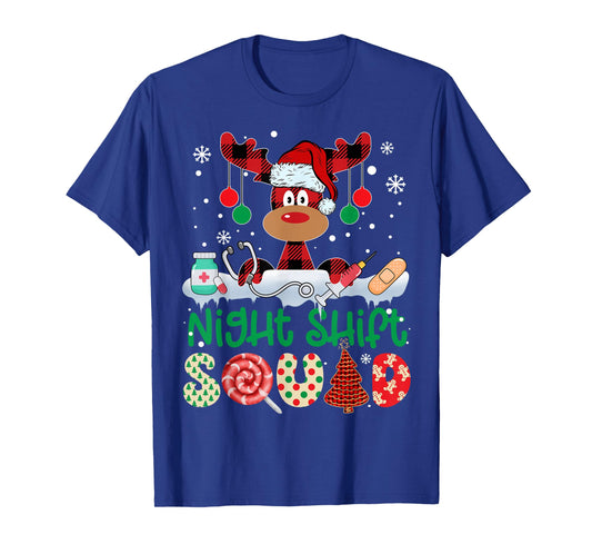 Night Shift Squad Nurse Reindeer Buffalo Red Plaid Christmas T-Shirt