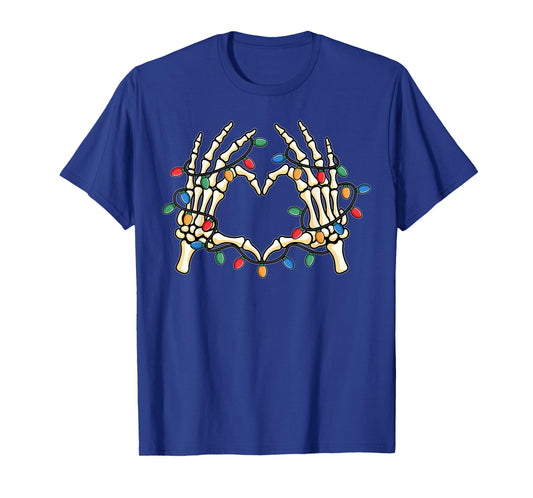 Skeleton Hands Heart Sign Funny Christmas Light Xmas Pajamas T-Shirt