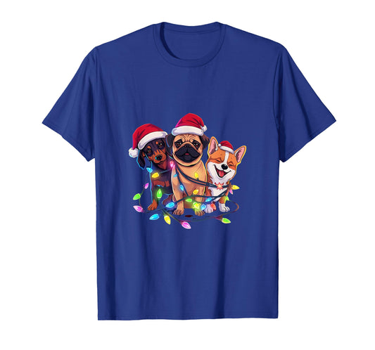 Festive Christmas Dogs with Lights and Santa Hats T-Shirt