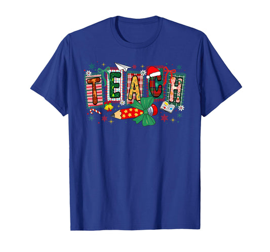 Preppy Teach Merry Christmas Pencil Coquette Bow Teacher T-Shirt