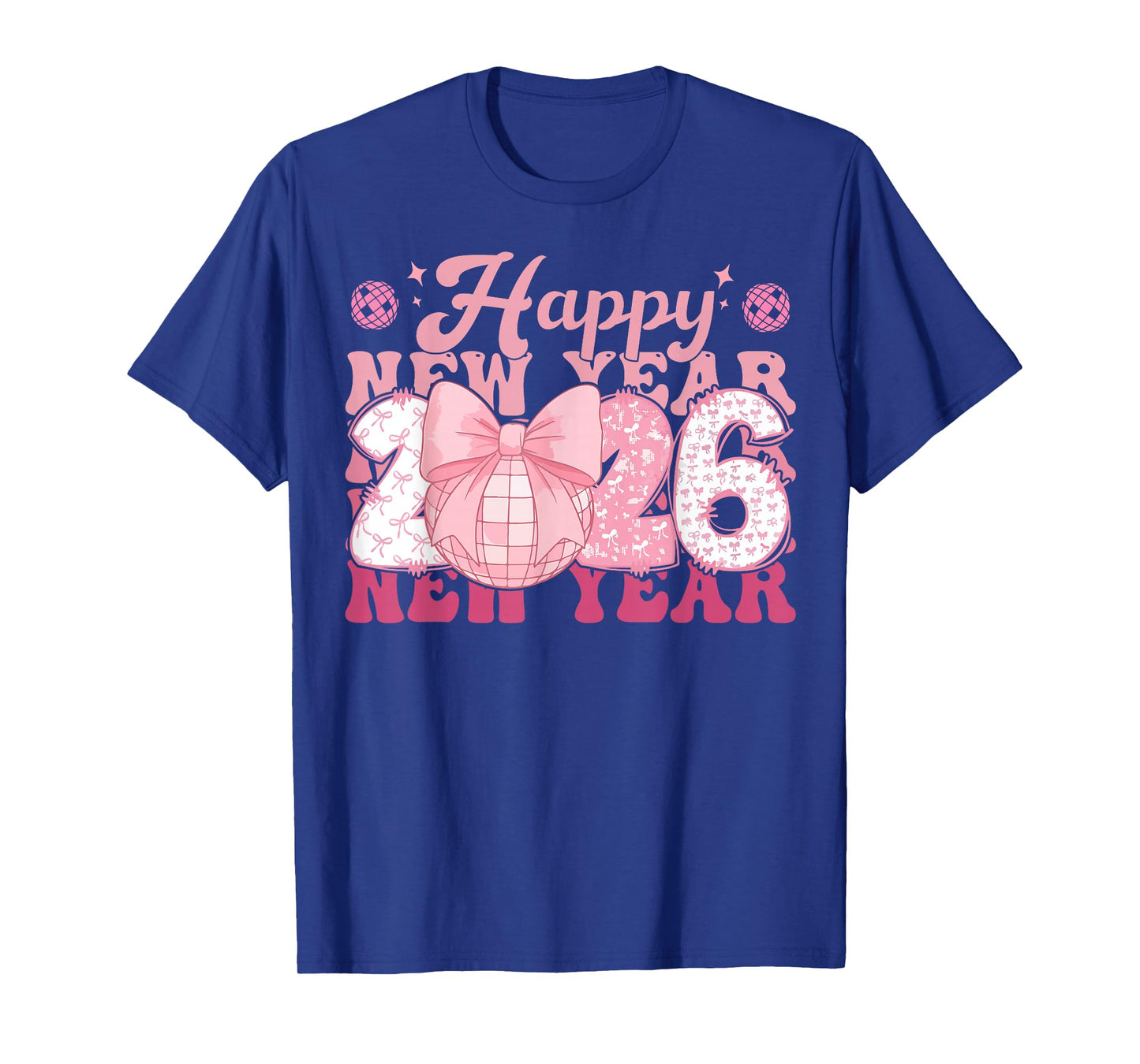 Happy New Year 2026 Disco Ball Pink Coquette Bow Women T-Shirt