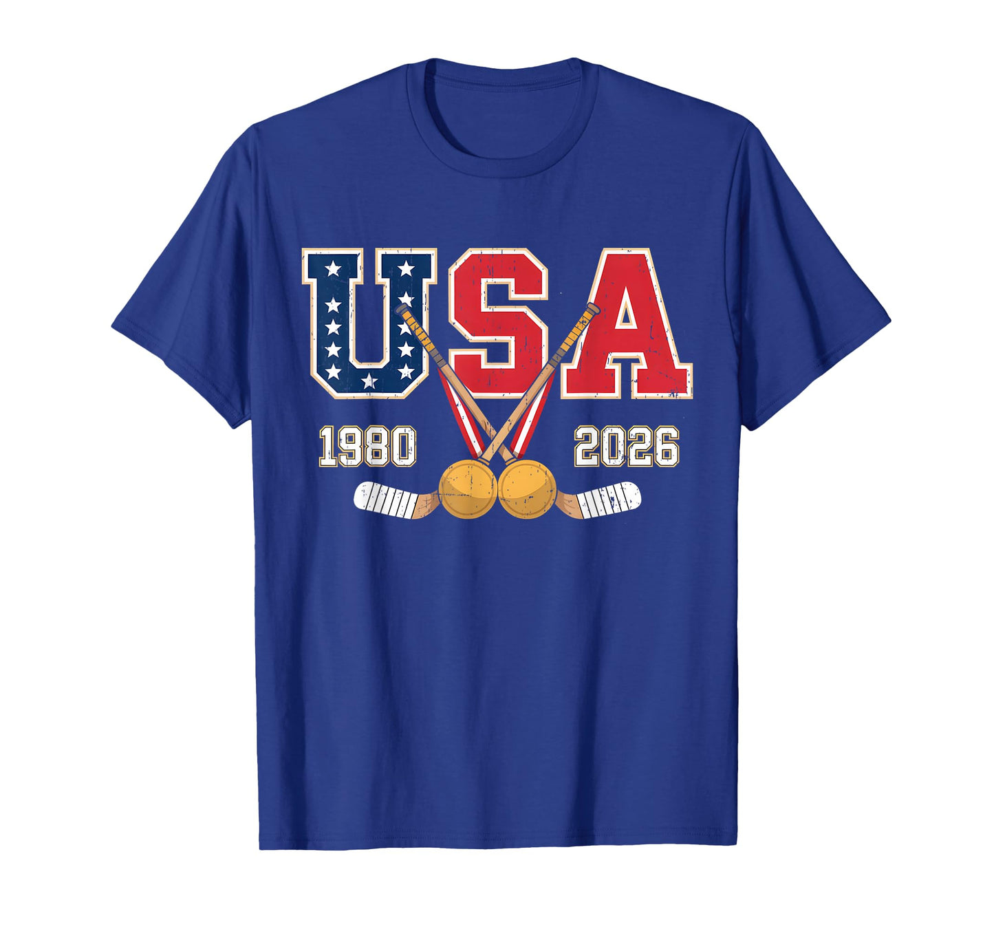 1980 and 2026 Hockey Vintage USA Crossed Sticks Patriotic T-Shirt