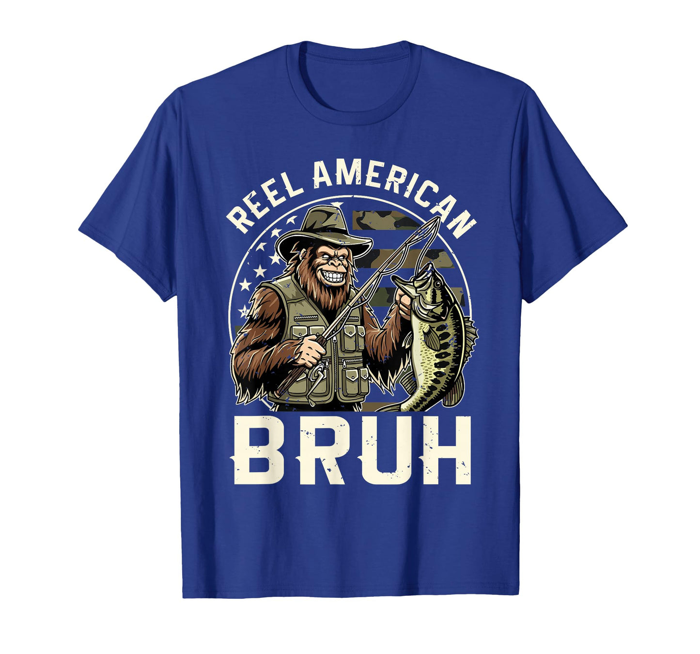 Reel American Bruh Bigfoot USA Flag Camo Fishing T-Shirt