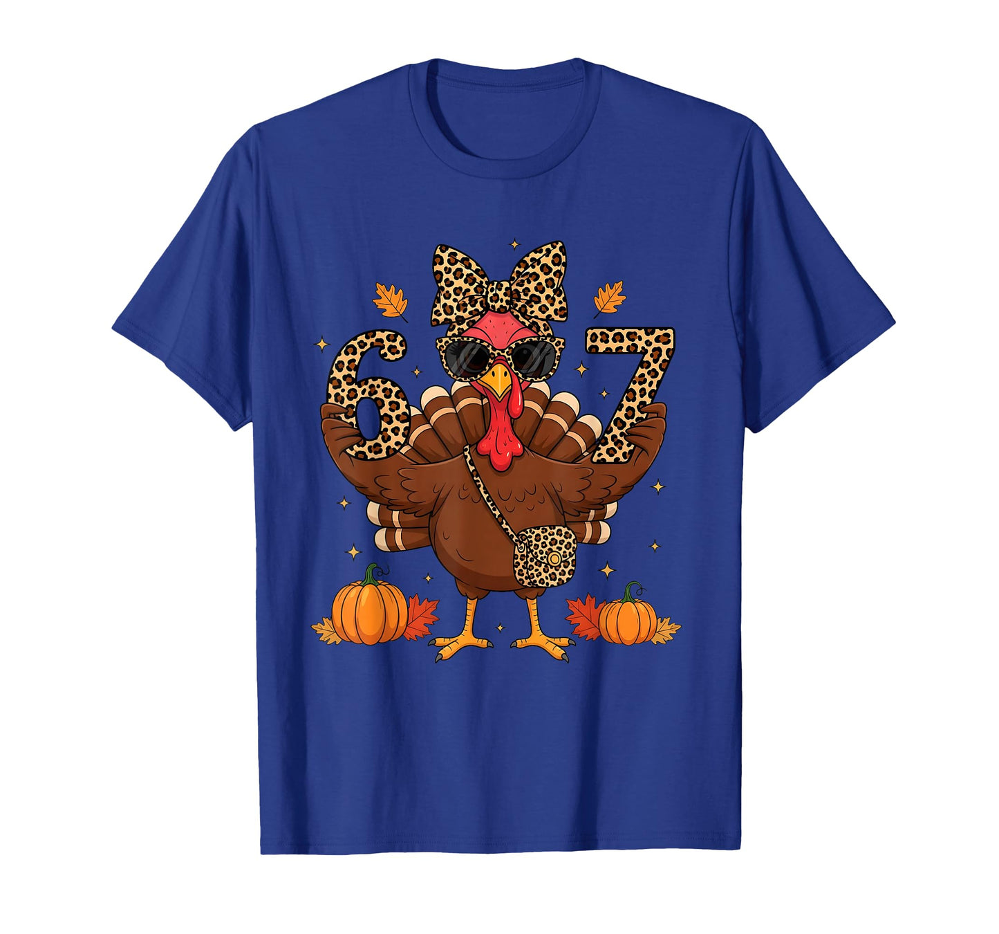Funny 6 7 Thanksgiving Leopard Bow Turkey six Seven Teacher T-Shirt