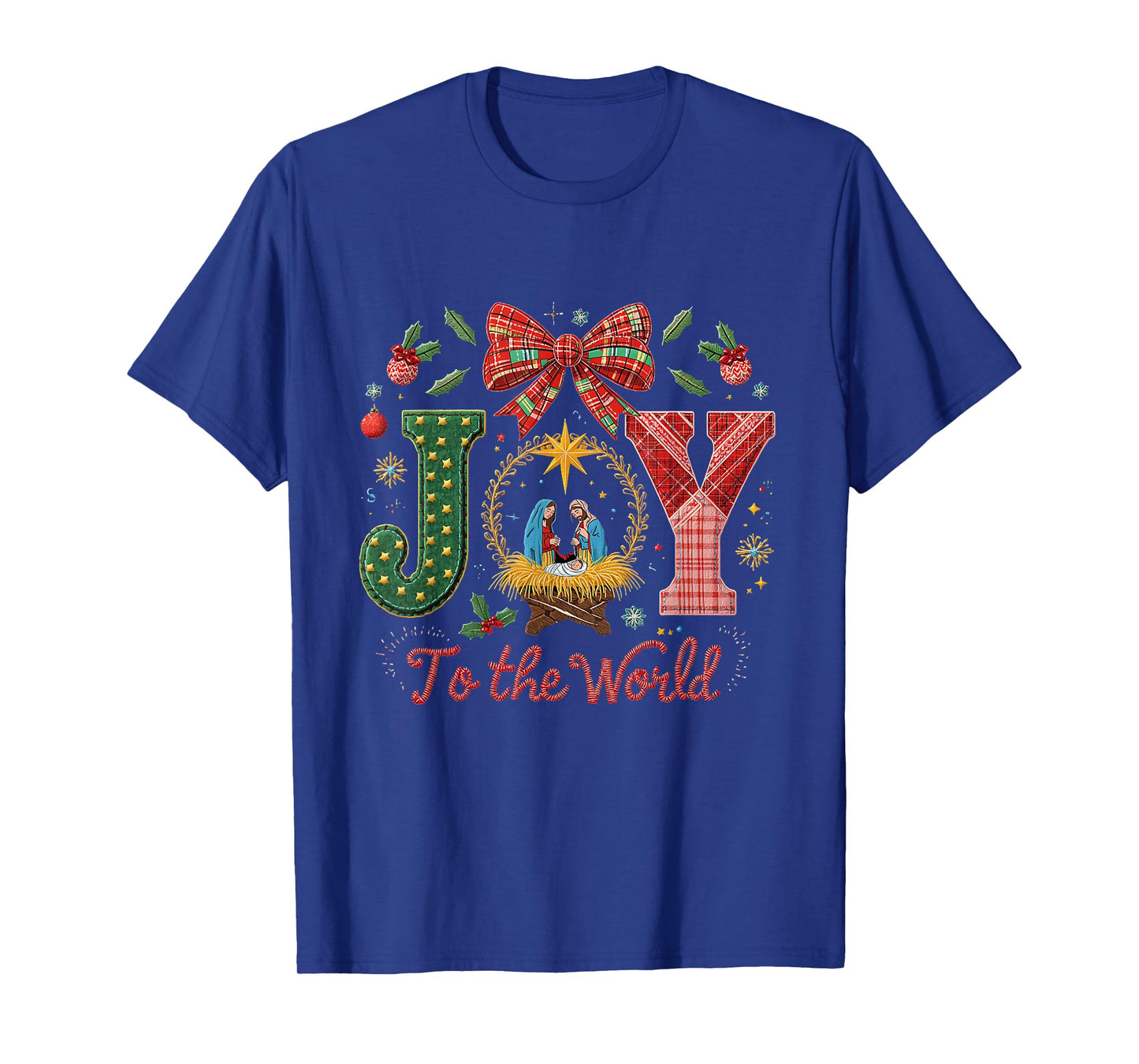 Joy to The World Patchwork Nativity Christmas T-Shirt