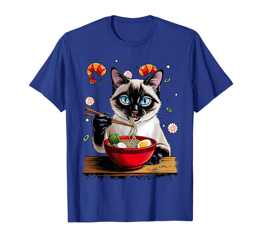 Funny Cat Eating Ramen Kawaii Siamese Anime Graphic T-Shirt