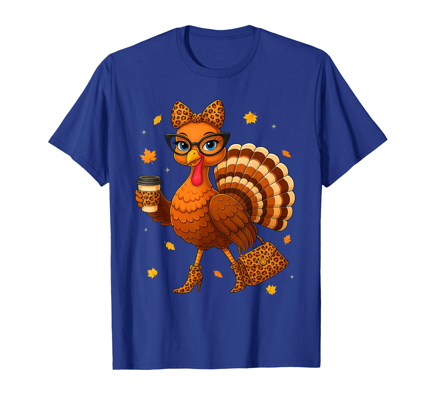 Turkey Drinking Coffee Thanksgiving Leopard Women Turkey Day T-Shirt