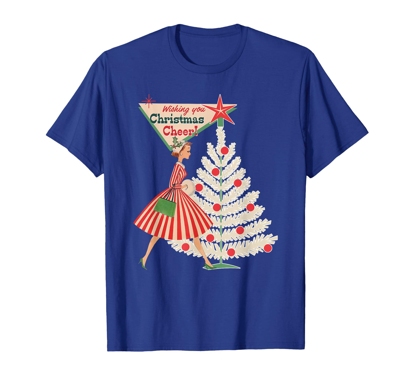 Vintage Retro 1950s Lady Wishing A Christmas Cheer Xmas Tree T-Shirt