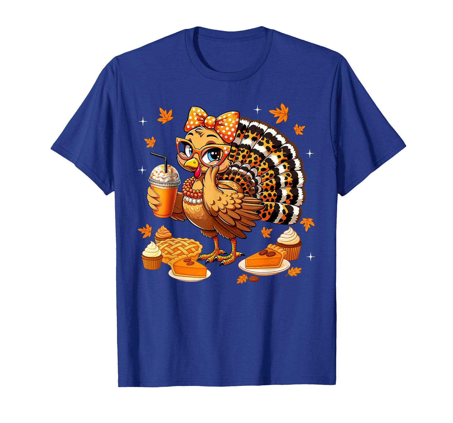 Leopard Turkey Drinking Coffee Bow Thanksgiving Women Girls T-Shirt