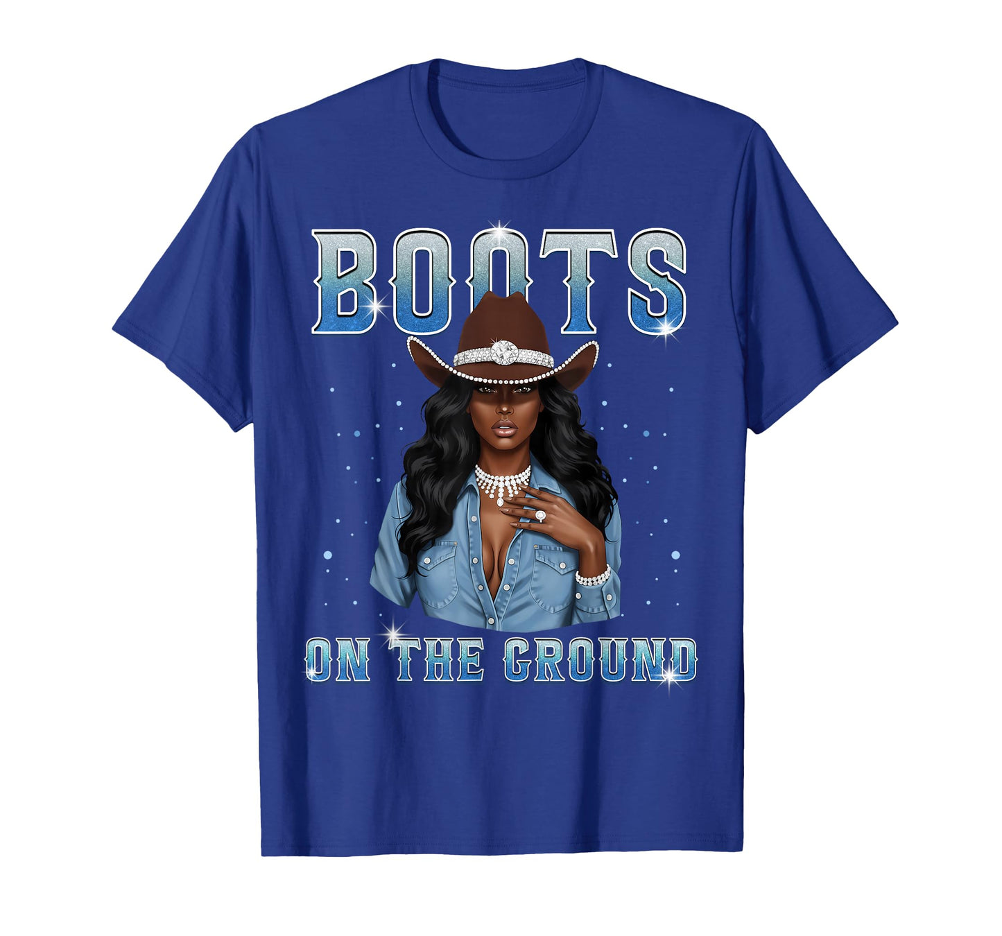 Afro Black Melanin Queen Western Cowgirl Hat Boots On Ground T-Shirt