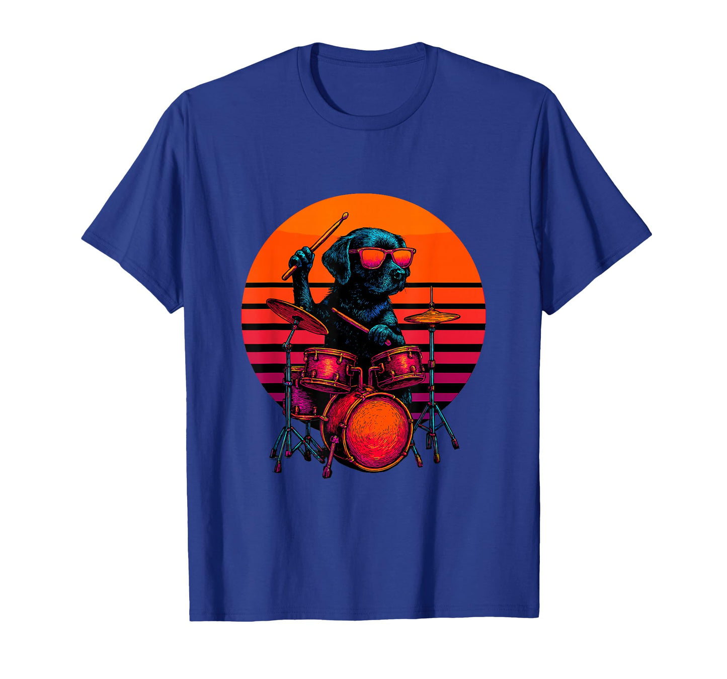 Retro Dog with Drum Set Music Playing Drummer T-Shirt