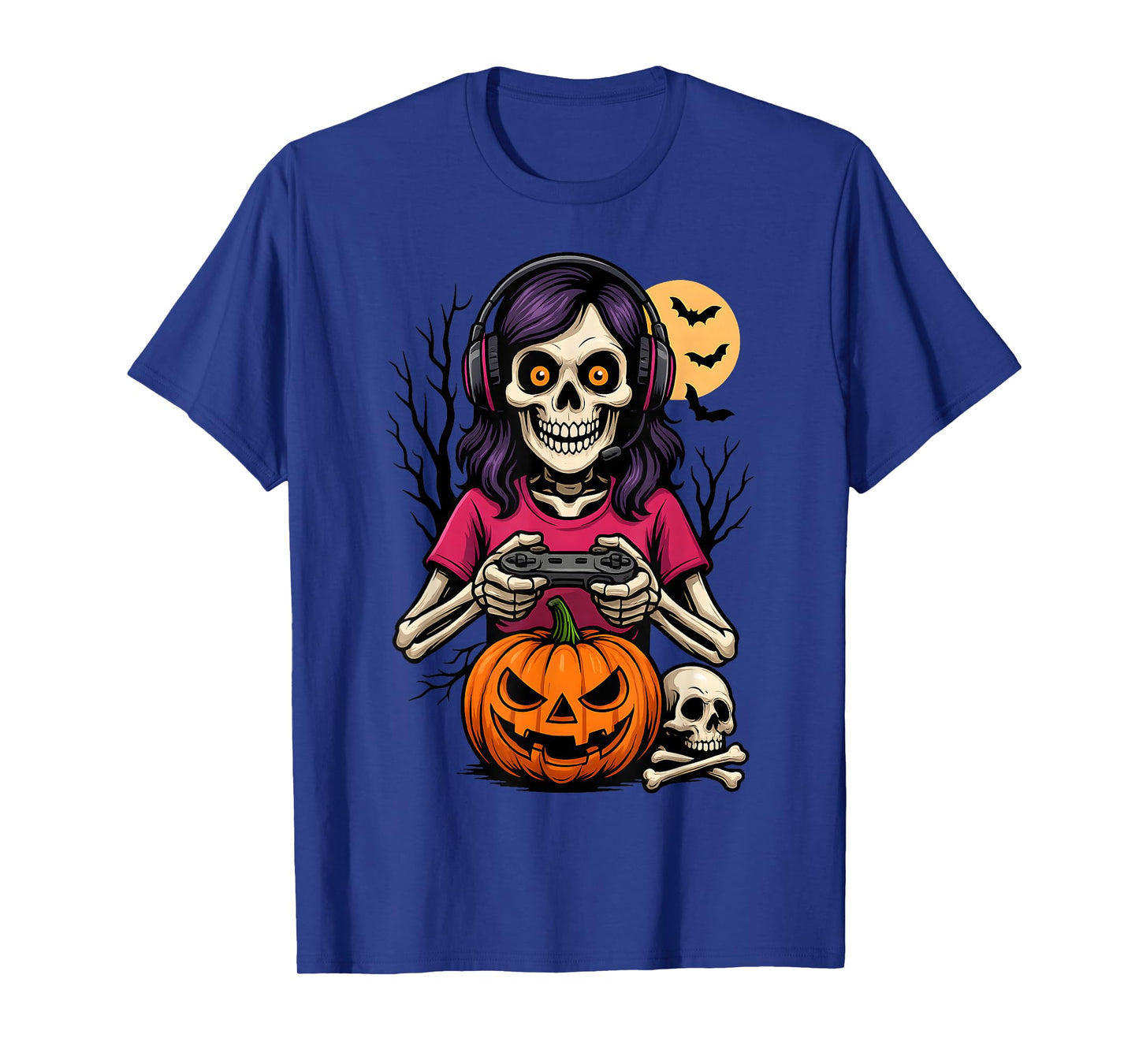 Skeleton Gamer Girl Halloween Video Game Pumpkin Skull Women T-Shirt