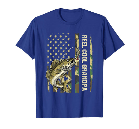Reel Cool Grandpa Walleye Fishing Camo American Flag T-Shirt