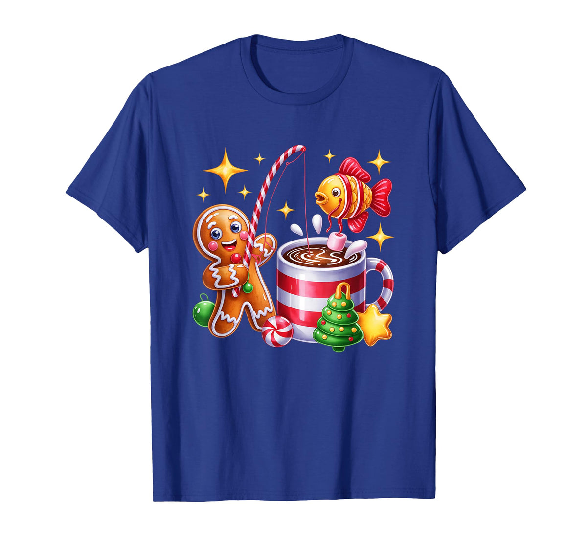 Gingerbread Fishing Candy Cane Cocoa Festive Fun T-Shirt