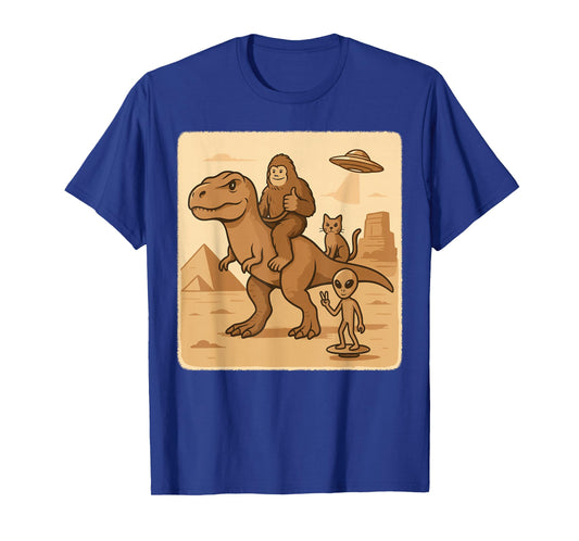 Bigfoot Riding T Rex with Alien Cat UFO Desert Scene T-Shirt