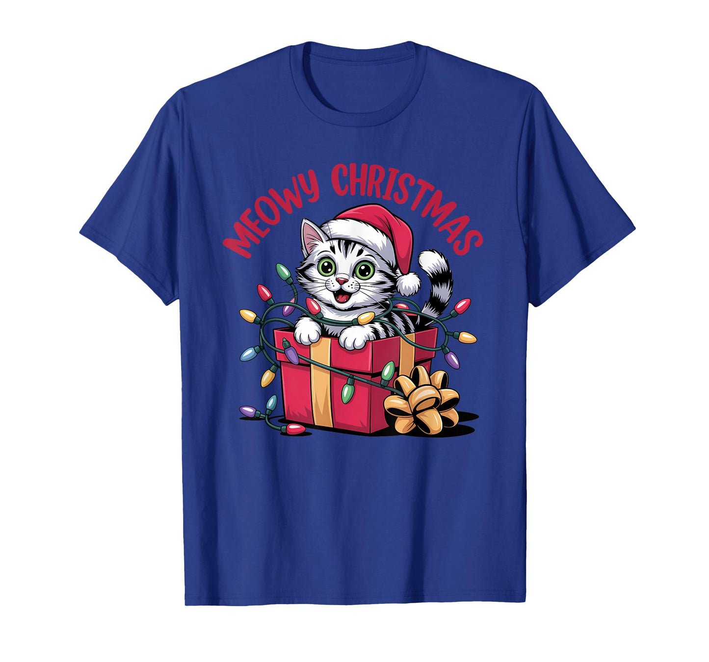 Meowy Christmas Funny Cat Tangled in Lights Xmas Family T-Shirt
