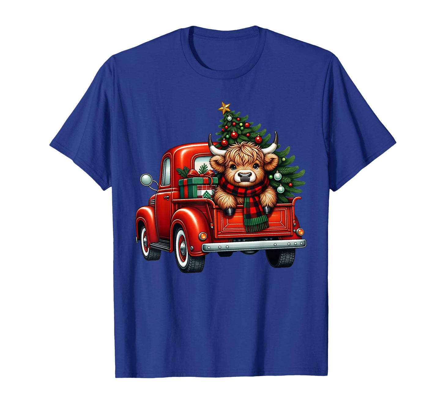Merry Christmas Highland Cow Santa Hat Red Truck Xmas Tree T-Shirt