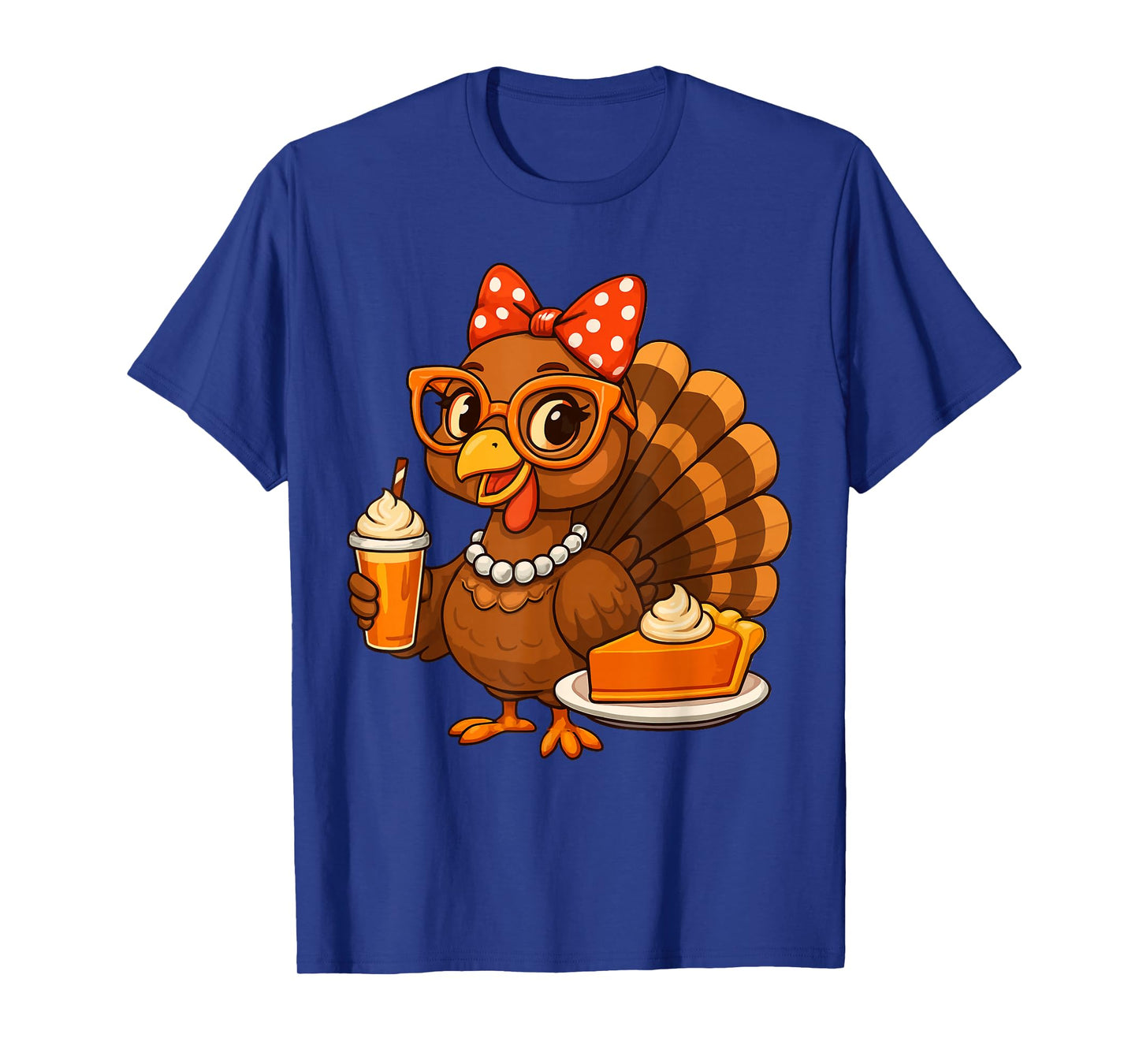 Turkey Drinking Coffee Bow Thanksgiving Womens Turkey Day T-Shirt