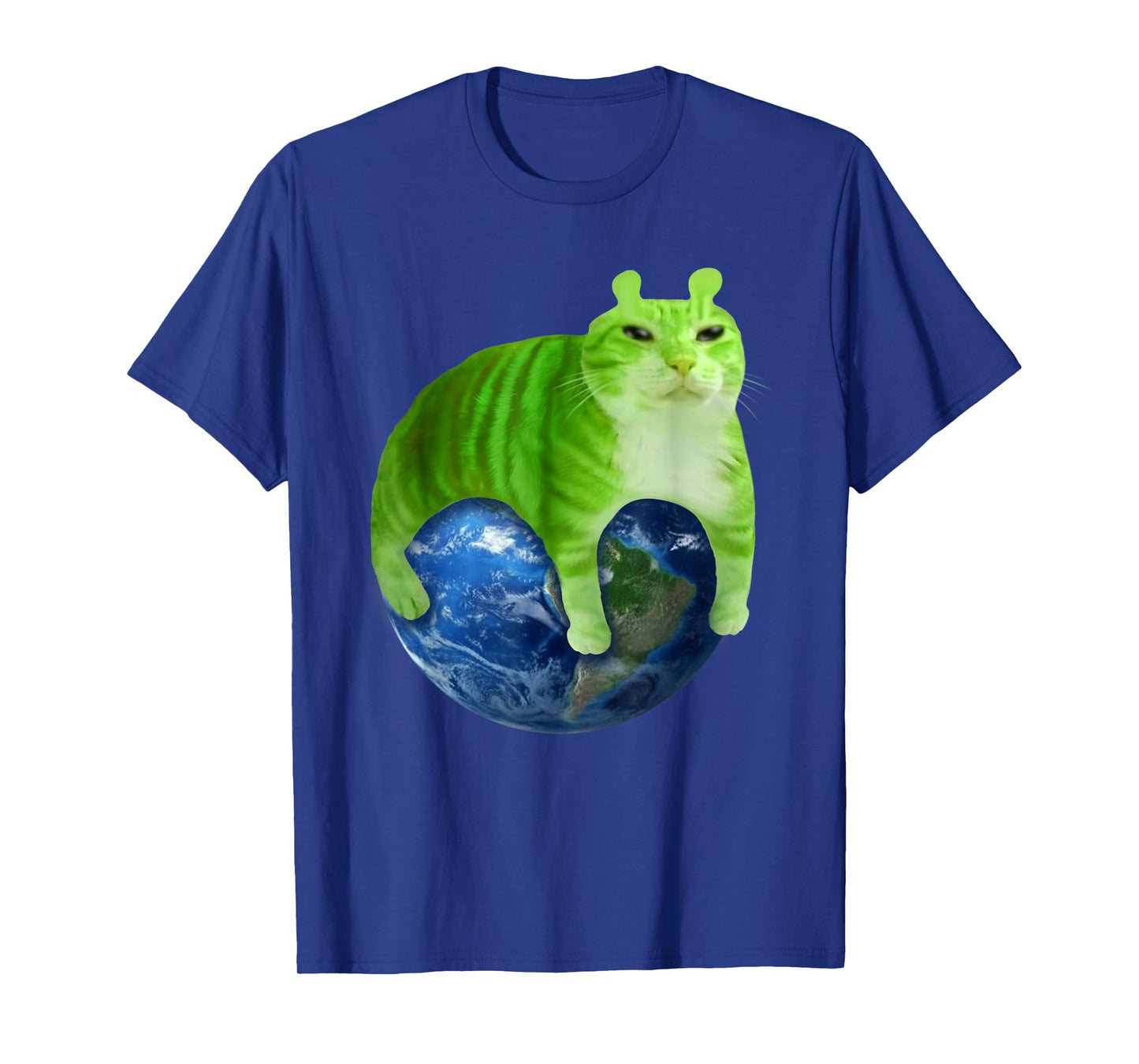 Green Space Cat Sitting On Earth Funny Cosmic Planet Art T-Shirt