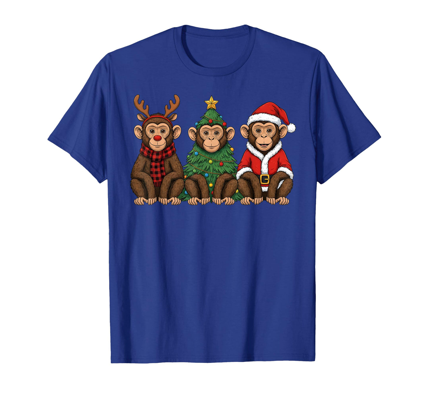 Retro Christmas Monkey Santa Reindeer Safari Animal T-Shirt