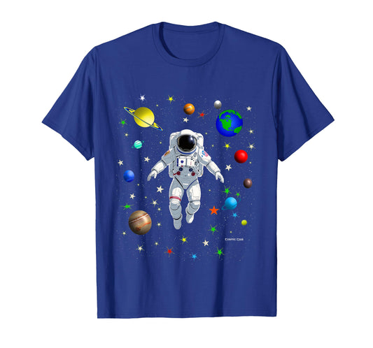 Kids Astronaut in Space with Realistic Colorful Planets & Stars T-Shirt