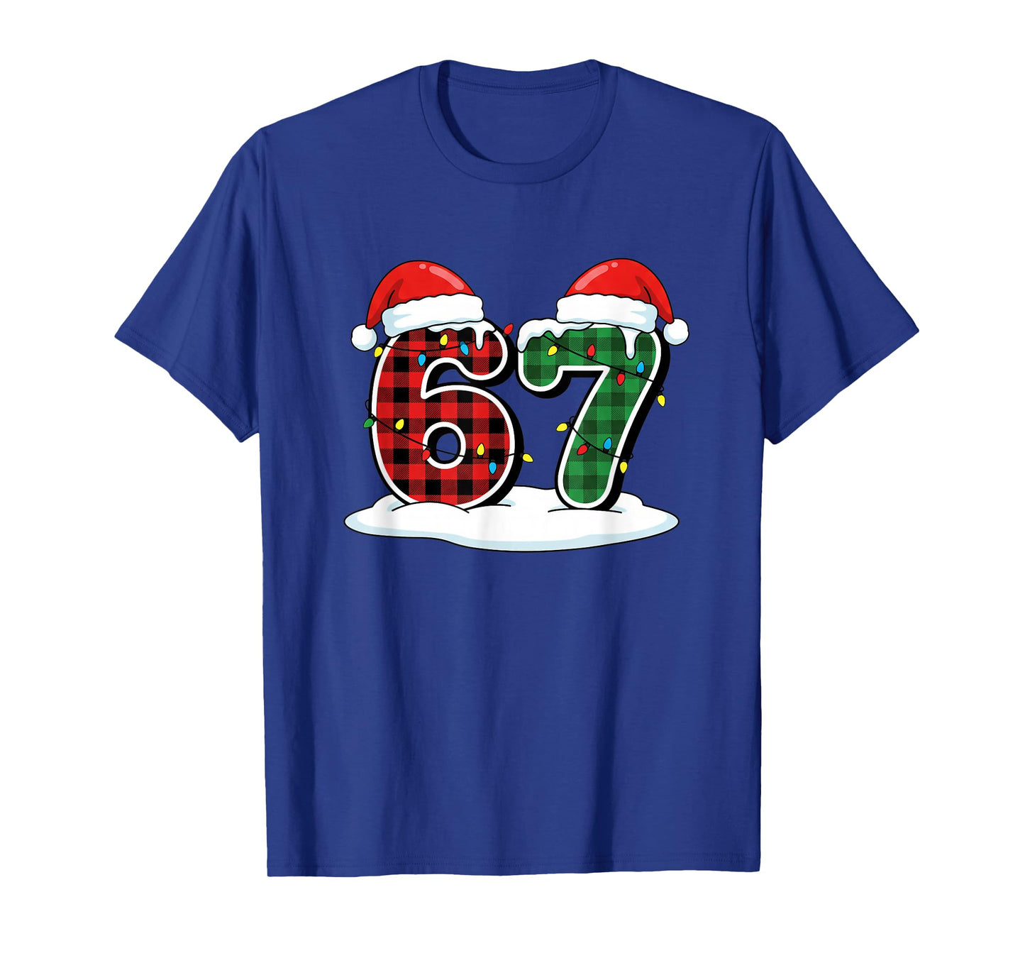 Christmas 67 Meme Six Seven Buffalo Plaid Santa Hats &Lights T-Shirt