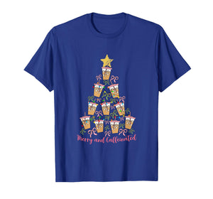 Merry and Caffeinated Girly Christmas Tree Bow Coffee Lover T-Shirt