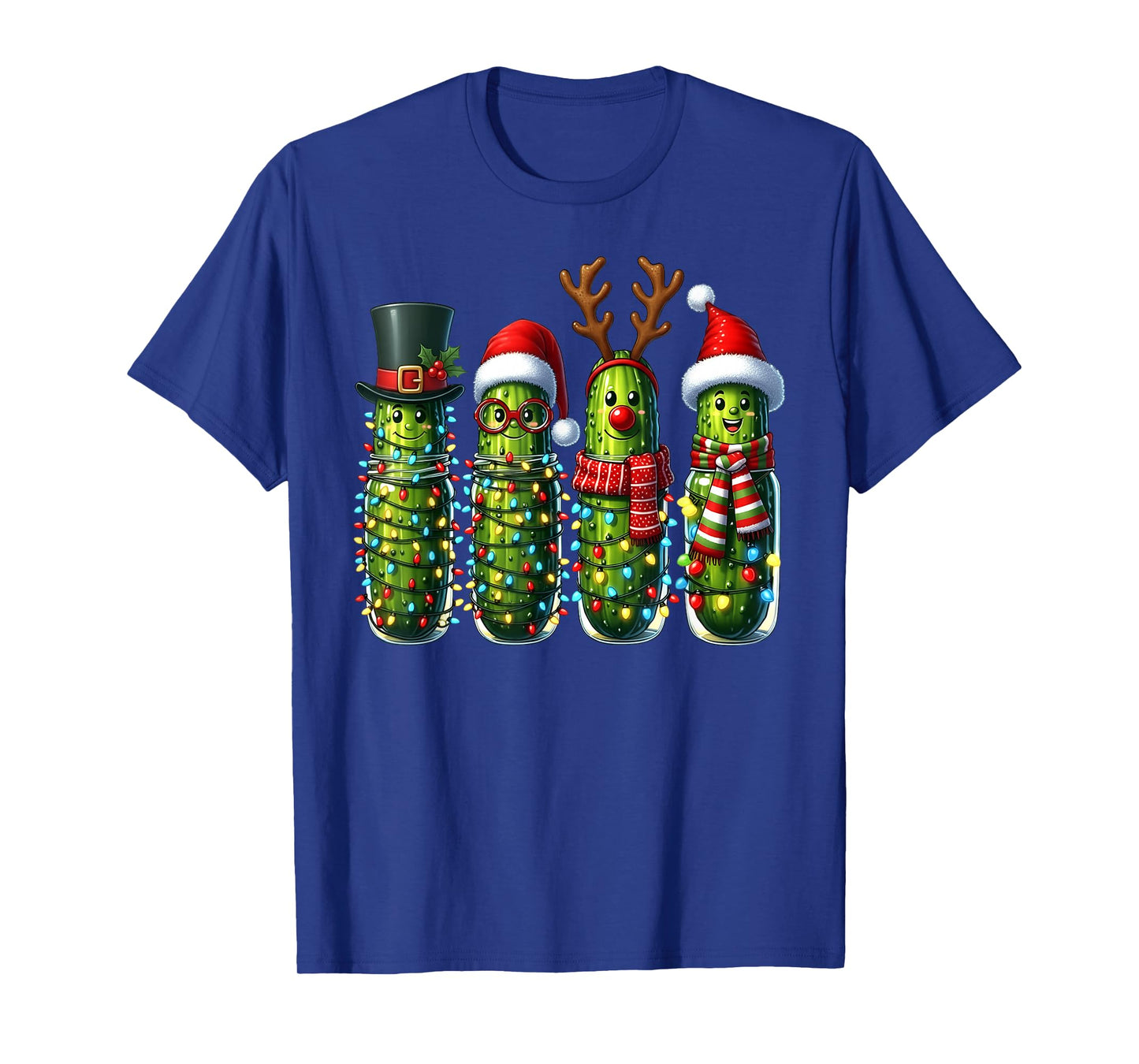 Retro Funny Christmas Pickles Santa Hat Reindeer Xmas Lights T-Shirt