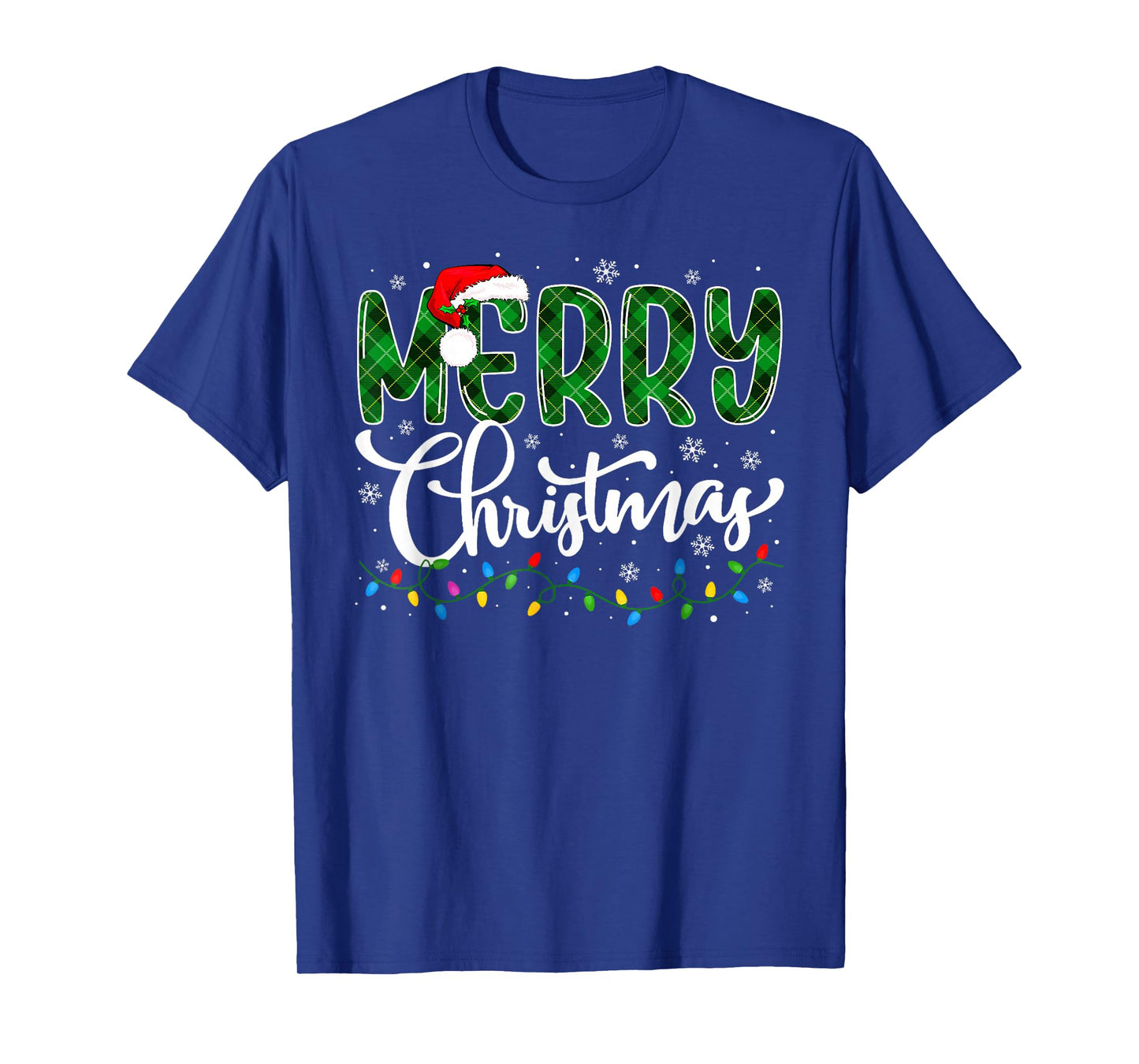 Merry Christmas Green Buffalo Plaid Xmas Lights Family Santa T-Shirt