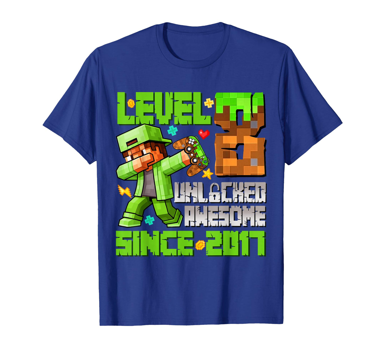 Level 8 Unlocked Awesome Since 2017 8th Birthday Game Pixel T-Shirt