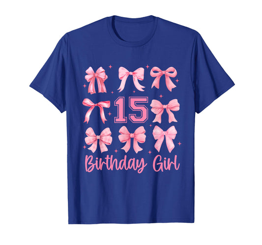 15 Years Old Birthday Girl Pink Bow Girls Kids Cute Birthday T-Shirt