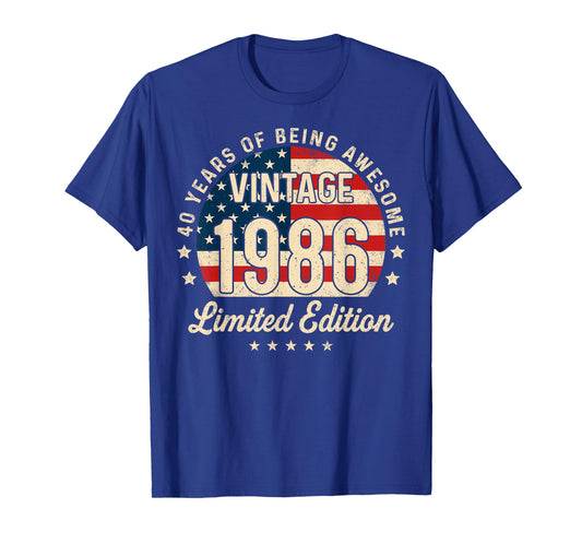40th Birthday Vintage 1986 40 Year Old Gifts Men USA Flag T-Shirt