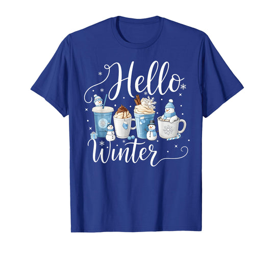 Hello Winter Let It Snow Cozy Coffee Lover Snowman Christmas T-Shirt