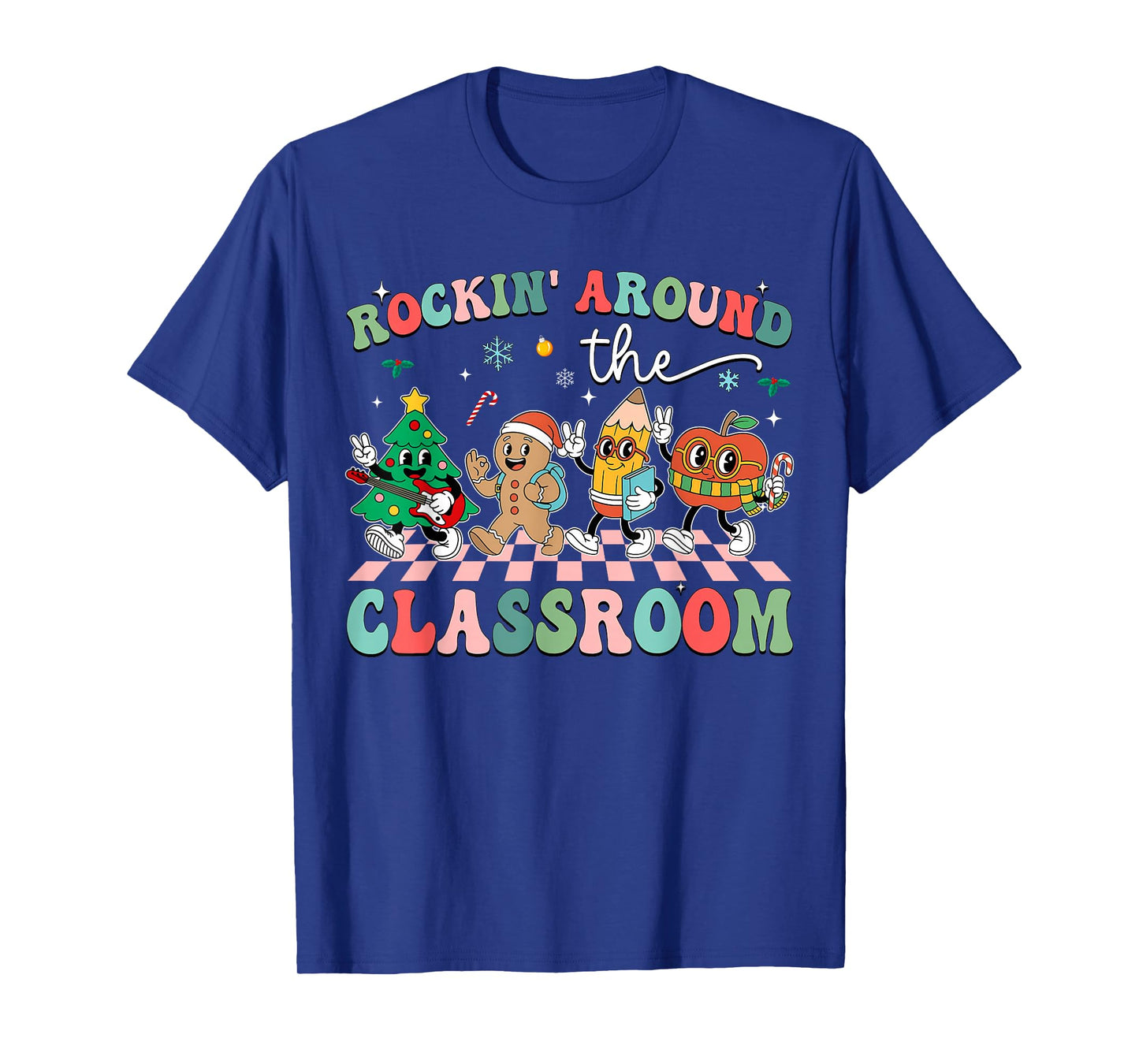 Retro Groovy Teacher Christmas Rockin' Around The Classroom T-Shirt