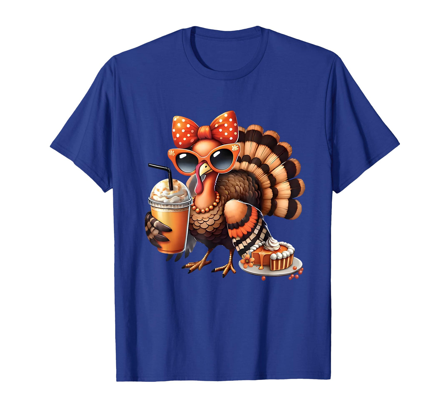 Turkey Drinking Coffee Bow Thanksgiving Womens Turkey Day T-Shirt