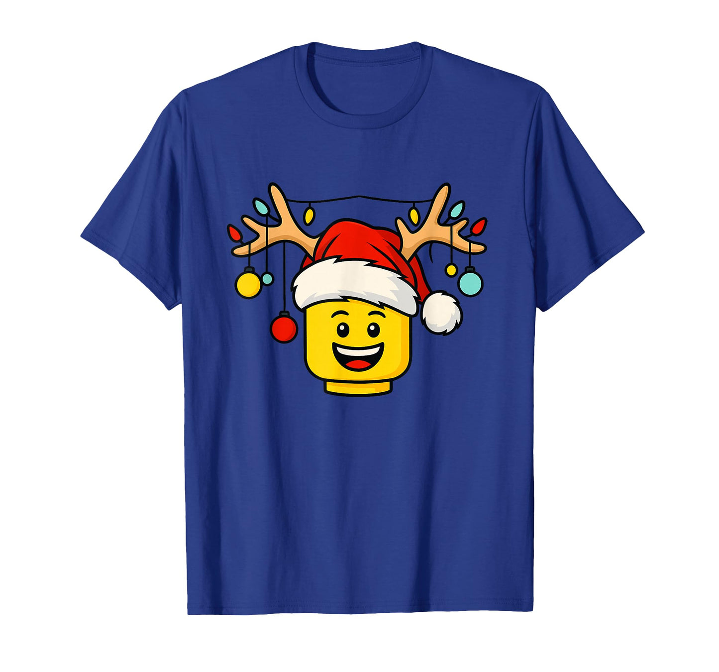 Christmas Building Bricks Head with Santa Hat Antlers Lights T-Shirt