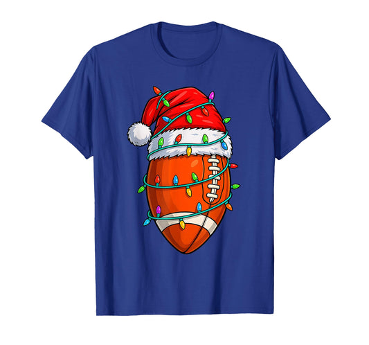 Christmas Football Player Santa Hat Xmas Lights Funny Sports T-Shirt
