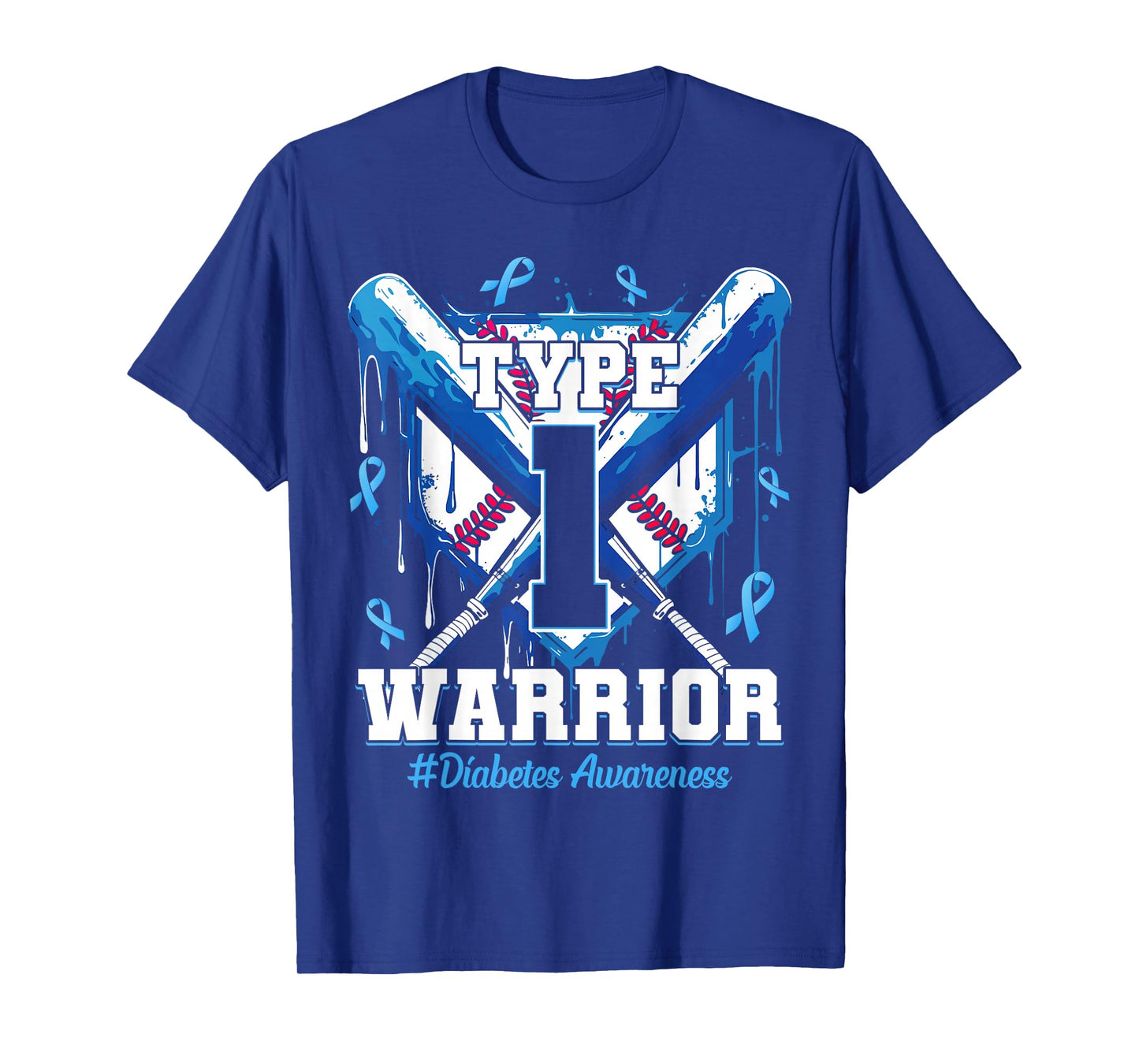 T1D Warrior Baseball Drip Diabetes Awareness Blue Ribbon T-Shirt