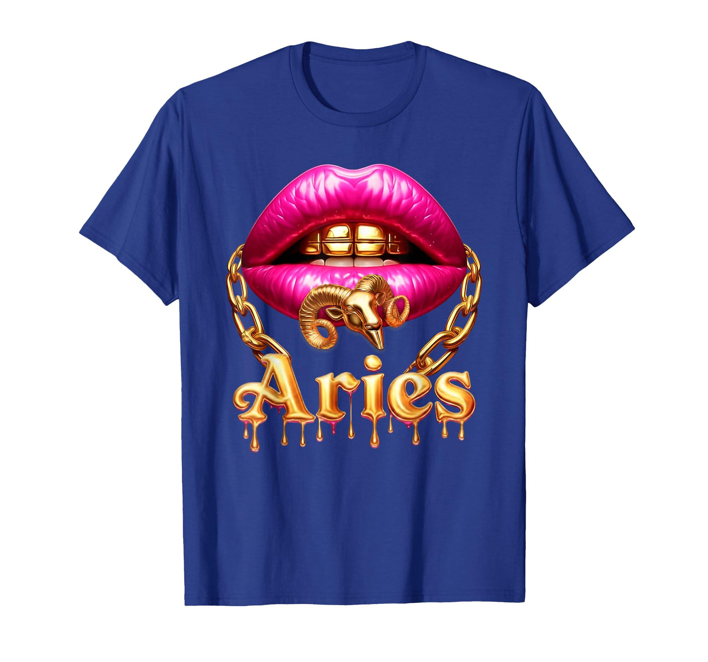 Aries Queen Girl Zodiac Birthday Women Pink Lips Gold Chain T-Shirt